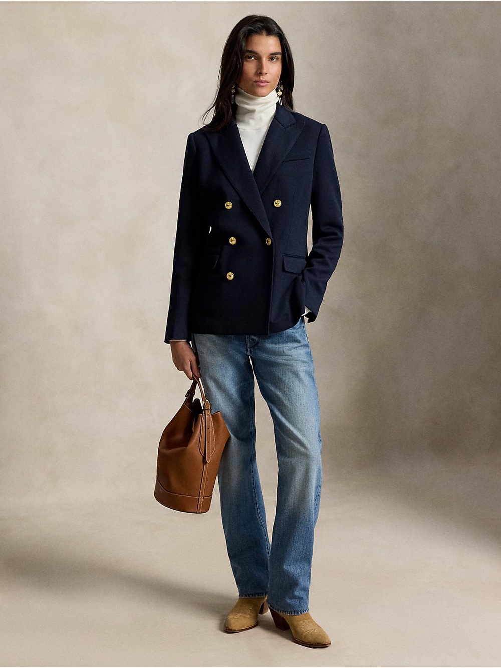 Double-Breasted Navy Wool Blazer Jacket - Women's